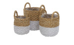 Drei Boltze Pflanzkorb 28 cm geflochtene Körbe mit Griffen, halb hellbraun und halb weiß, auf einem weißen Hintergrund.