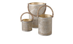 Drei Boltze Windlicht Manala 10 cm in Gold und Silber, mit ausgeschnittenen Motiven und Seilgriffen, in 3 Größen.