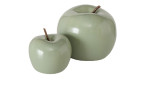 Zwei glänzende, grüne Boltze Deko-Apfel Milani Keramiken, 7,5 cm, mit braunen Stielen, einer größer, auf weißem Grund.