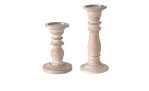 Boltze Kerzenleuchter Neley 28 cm aus beigem Mangoholz, zwei Größen, auf weißem Hintergrund.