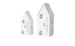 Zwei weiße Metall-Laternen "Lieblingsplatz" (27,5 cm), Hausform mit Cut-out-Fenstern und Schriftzug.