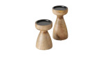 Set aus zwei Kerzenleuchtern 20 cm, Holz mit schwarzer Spitze, naturbelassen, 10 cm Durchmesser, auf weißem Hintergrund.