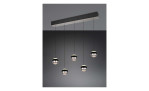 Fünf Trio LED-Pendelleuchten Orbit mit schwarzem Metall und silbernem Glas hängen von einer rechteckigen Deckenhalterung.