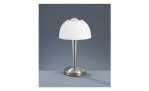 Die Trio LED-Tischleuchte Ventura 15,5 cm mit weißem Kuppelschirm und gebürstetem Fuß sitzt auf einer grauen Oberfläche.