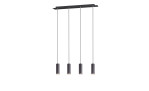 Die Trio Pendelleuchte Marley besteht aus vier zylindrischen, schwarzen Leuchten, die in einer Reihe an dünnen Kabeln von einer rechteckigen Halterung hängen.