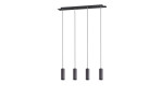 Die Trio Pendelleuchte Marley ist eine moderne schwarze Pendelleuchte mit vier zylindrischen Leuchten an einer rechteckigen Deckenhalterung.