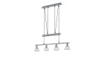 Die Trio LED-Pendelleuchte Levisto verfügt über vier Glasschirme, schlanke schwarze Kabel und eine elegante nickelfarbene Mattierung.