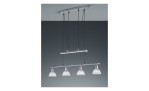 Die Trio LED-Pendelleuchte Levisto verfügt über vier mattierte Glasschirme und eine rechteckige Deckenhalterung aus mattem Nickel.