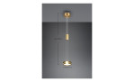 Trio LED-Pendelleuchte Franklin, 14 cm, runde Aluminium-Metallleuchte, matt messingfarben, Maße auf grauem Hintergrund.