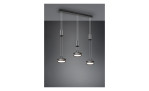 Drei Trio LED-Pendelleuchten Franklin mit schwarzen, runden Halterungen hängen an einer zweifarbigen, grauen Wand.