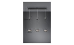 Trio LED-Pendelleuchte Franklin: drei moderne Aluminium-Pendelleuchten in Anthrazit, verstellbare Schnüre, mm-Maße angegeben.