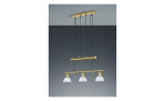 Trio LED-Pendelleuchte Levisto mit drei mattierten Glasschirmen, mattiertem Messing, schwarzen Kabeln und Deckenhalterung.