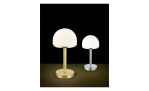 Zwei Trio LED-Tischleuchte Berlin 19,5 cm, in Gold und Nickel matt, mit Kuppelglasschirmen auf dunklem Hintergrund.