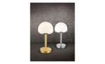 Zwei Trio LED-Tischleuchte Berlin 19,5 cm Lampen in Gold & Nickel mit weißen Kuppelschirmen auf einer dunklen Oberfläche.