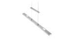 Die Trio LED-Pendelleuchte Lacal ist eine moderne rechteckige Pendelleuchte aus mattem Nickel, die an zwei Kabeln hängt.