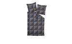 Mako-Satin-Bettwäsche J.D. 155x200 cm Set mit grauem, schwarzem und blauem geometrischem Muster auf weißem Untergrund, inkl. Kissenbezüge.