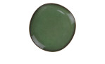 Der Brotteller Lave vert von Villeroy & Boch ist ein runder, grüner Steingutteller mit einem glänzenden, unebenen Rand.