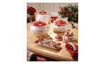 Eingedeckte Dose Toy's Delight klein 10 cm in weiß mit rotem Deckel und weihnachtlichen Motiven.
