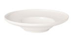 Die Tiefer Teller Afina 25 cm ist eine schlichte weiße Bone China Schale mit einem breiten Rand.
