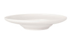 Die Tiefer Teller Afina 29 cm ist eine schlichte, runde, weiße Bone China Schale mit breitem Rand und geringer Tiefe.