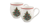 Das Villeroy & Boch Becher-Set Toys Delight 2-tlg. enthält zwei festliche Tassen mit bunten Weihnachtsbaummotiven.