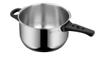 Der WMF Schnellkochtopf Perfect New 4,5 l ist ein glänzender Schnellkochtopf aus Edelstahl mit schwarzen Griffen.