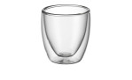 Das WMF Espressoglas Kult 80 ml 2er-Set besteht aus doppelwandigen Glasbechern auf weißem Grund.