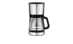 Die WMF Kaffeemaschine Bueno, eine moderne Tropfkaffeemaschine mit Glaskaraffe und Edelstahlakzenten, auf weißem Hintergrund.