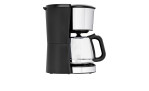 Eine WMF Kaffeemaschine Bueno in schwarz und silberfarben mit Edelstahlausführung und Glaskaraffe auf weißem Hintergrund.