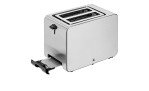 Der WMF Toaster Stelio ist ein silberner Edelstahl-Toaster mit zwei Einschüben und herausnehmbarer Krümelschublade, abgebildet in Weiß.