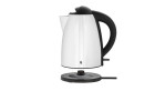 Der WMF Wasserkocher Bueno ist ein moderner silberfarbener Wasserkocher mit schwarzem Griff und separatem Rundsockel.