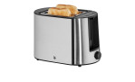 Ein WMF Toaster Bueno Pro in silberfarbenem Edelstahl, der zwei Brotscheiben hält, auf weißem Hintergrund.