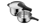 WMF Schnellkochtopf Perfect 2er-Set: zwei silberne Schnellkochtöpfe, schwarze Griffe, einer mit Deckel, einer ohne.