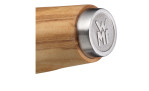 Nahaufnahme des WMF Messer Gran Wood 12 cm mit einem Griff aus Olivenholz und einer Endkappe aus Stahl mit WMF Logo-Gravur.