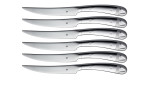 Sechs WMF Steakmesser 6er-Set Bullshead mit Zubehör, nebeneinander auf weißem Hintergrund angeordnet.