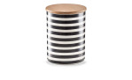 Die Vorratsdose 11,5 x 13 cm ist ein hohes Keramikgefäß mit schwarz-weißen Streifen und einem Holzdeckel.