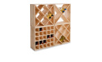 Weinregal 52 x 25 x 52 cm mit beigen Einlegeböden für Flaschen in Gitter- und X-förmigen Holzfächern.