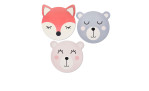 Drei runde Cartoon-Tiergesichter auf dem Platzset Bär 36,5 cm: ein roter Fuchs, ein blauer Bär und ein rosa Bär mit niedlichem Lächeln.