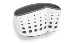 Der Spülbecken-Organizer 15 x 5 x 8,5 cm in Grau und Weiß hat Löcher, zwei Fächer und ist auf weißem Hintergrund abgebildet.