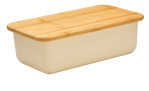 Brotkasten Loft eckig 40 cm aus beigem Kunststoff mit Bambus-Deckel vor weißem Hintergrund fotografiert.