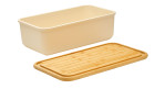 Brotkasten Loft eckig 40 cm aus beigem Kunststoff mit Bambus-Holzdeckel auf weißem Hintergrund.