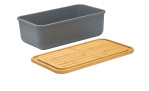 Der Brotkasten Loft eckig 40 cm aus grauem Kunststoff mit separatem Bambusdeckel ist auf weißem Grund abgebildet.