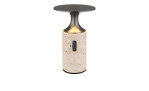 Die Globo LED-Tischleuchte Travertin 18,5 cm hat einen Sockel aus Travertin und eine runde schwarze Platte mit sanftem Leuchten in der Mitte.