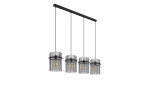 Die Globo Hängeleuchte Gorley 110 cm besteht aus vier Glaspendeln mit schwarzen Metallakzenten an einer rechteckigen Deckenhalterung.