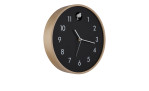 Globo Wanduhr Clocky 31,5 cm: runde schwarze Wanduhr, weiße Zahlen, MDF-Rahmen, Vogelfigur auf der Oberseite.