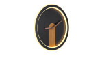 Wanduhr Sussy 31 cm: Wanduhr aus Acryl mit schwarzem Zifferblatt, Goldrand, Holzakzent und Leuchtring, eingestellt auf 10:10.
