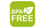 Grünes quadratisches Symbol mit BPA FREE-Text, zwei weißen Blättern und Holzfarben-Akzenten für Seifenspender Rotello.