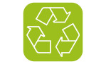 Weißes Recycling-Symbol mit drei Pfeilen auf einem grünen Quadrat; Design inspiriert von Naturmaterialien für Seifenspender Rotello.