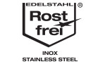 Ein schwarzes Schildlogo mit Edelstahl Rostfrei, Inox Edelstahl, und Pfeil - ideal für Seifenspender Turbo-Loc Dekor.