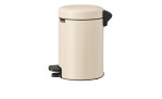Der Treteimer NewIcon 3 l ist ein beigefarbener, zylindrischer Treteimer mit schwarzer Tretkurbel und schwarzem Deckel, hergestellt aus Metall und Kunststoff.